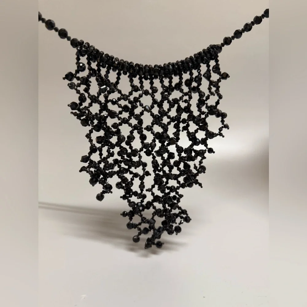 Black crystals Beaded Fringe Statement Necklace - Picture 9 of 11
